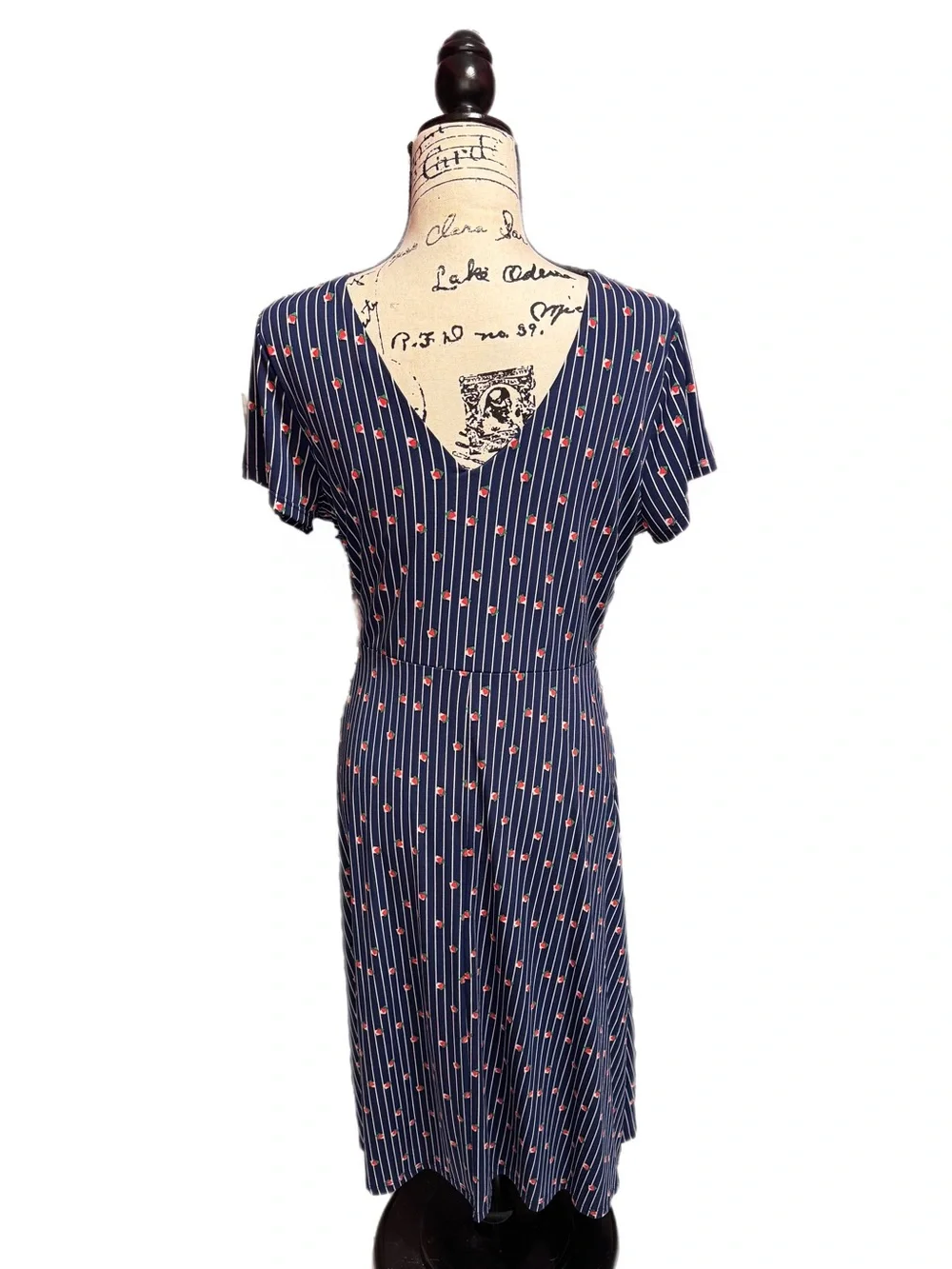 ModCloth Navy Blue Pinstripe Midi Dress with Red Strawberry Print